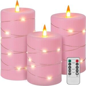 Rose Pink Flameless Candles with String Lights Battery Operated Flickering LED